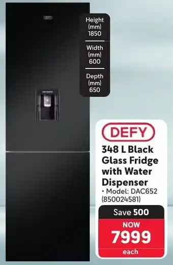 Makro DEFY Black Glass Fridge with Water Dispenser offer