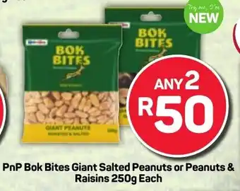 Pick n Pay PnP Bok Bites Giant Salted Peanuts or Peanuts & Raisins offer