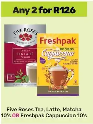 Game Five Roses Tea, Latte, Matcha 10's OR Freshpak Cappuccino 10's offer
