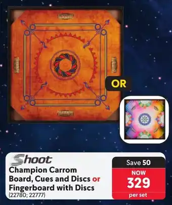 Makro Shoot Champion Carrom Board, Cues and Discs or Fingerboard with Discs offer