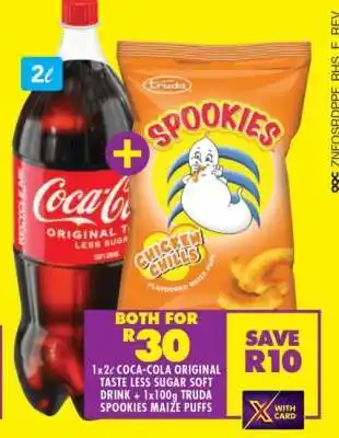 Shoprite 1x2ℓ Coca-Cola Original Taste Less Sugar Soft Drink + 1x100g Truda Spookies Maize Puffs offer
