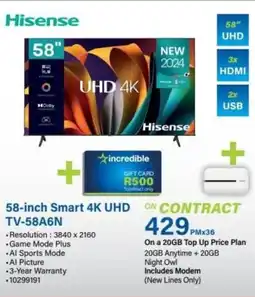 Incredible Connection Hisense 58-inch Smart 4K UHD TV-58A6N offer