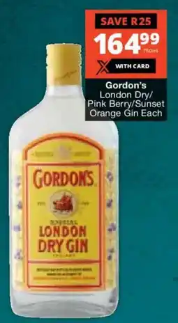 Checkers Liquor Shop London Dry/ Pink Berry/ Sunset Orange Gin offer
