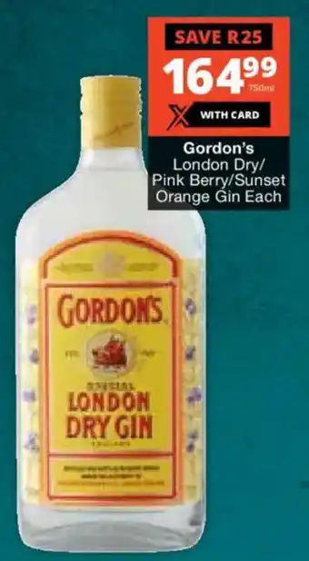Checkers Liquor Shop London Dry/ Pink Berry/ Sunset Orange Gin offer