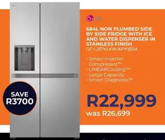 Kloppers LG non plumbed side by side fridge with ice and water dispenser in stainless finish offer