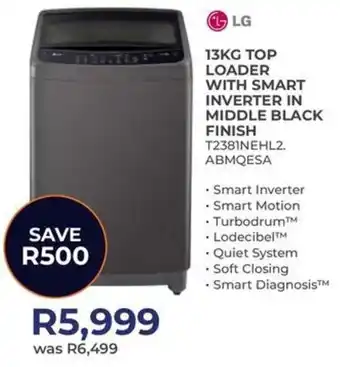 Kloppers LG top loader with smart inverter in middle black finish offer