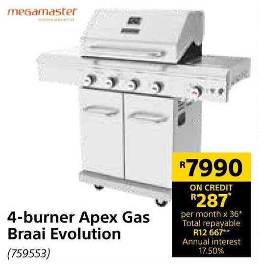 Megamaster 4burner Apex Gas Braai Evolution offer at Builders Warehouse