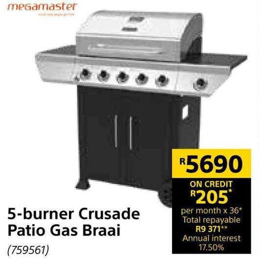 Megamaster 5burner Crusade Patio Gas Braai offer at Builders Warehouse