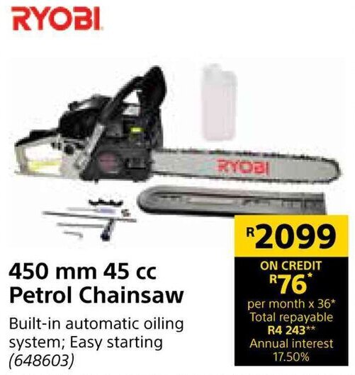 Ryobi Petrol Chainsaw 450mm 45cc offer at Builders Warehouse