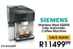 Hirsch's Siemens Stainless Steel EQ500 Fully Automatic Coffee Machine offer