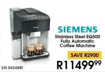 Hirsch's Siemens Stainless Steel EQ500 Fully Automatic Coffee Machine offer