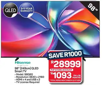 Pick n Pay Hypermarket Hisense 98" 249cm QLED Smart TV offer