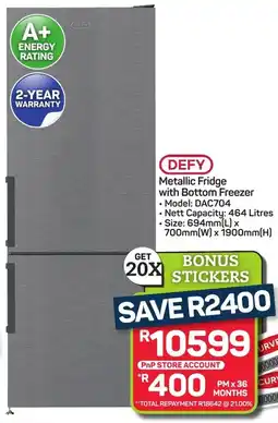 Pick n Pay Hypermarket DEFY Metallic Fridge with Bottom Freezer offer