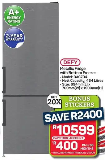 Pick n Pay Hypermarket DEFY Metallic Fridge with Bottom Freezer offer