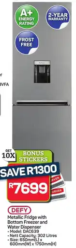 Pick n Pay Hypermarket DEFY Metallic Fridge with Bottom Freezer and Water Dispenser offer