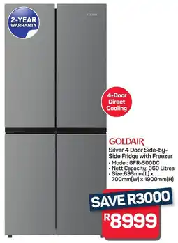 Pick n Pay Hypermarket GOLDAIR Silver 4 Door Side-by- Side Fridge with Freezer offer