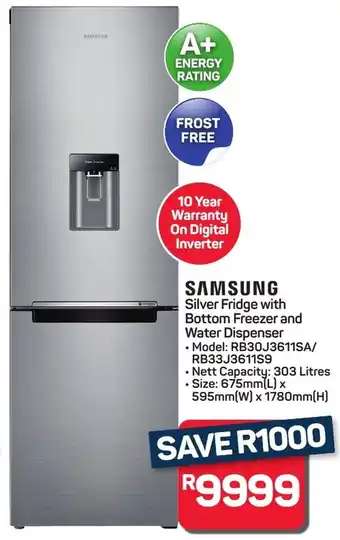Pick n Pay Hypermarket SAMSUNG Silver Fridge with Bottom Freezer and Water Dispenser offer