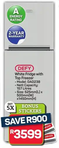 Pick n Pay Hypermarket DEFY White Fridge with Top Freezer offer
