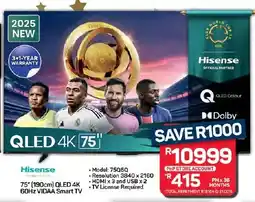 Pick n Pay Hypermarket Hisense 75" 190cm QLED 4K 60Hz VIDAA Smart TV offer
