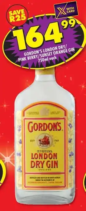 Shoprite GORDON'S LONDON DRY/PINK BERRY/SUNSET ORANGE GIN offer