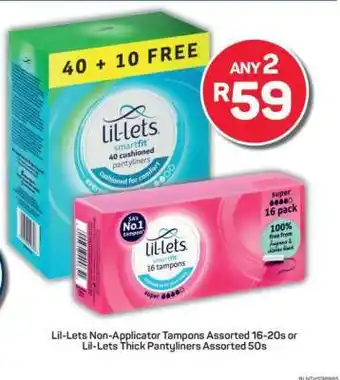 Pick n Pay Lil-Lets Non-Applicator Tampons Assorted 16-20s or Lil-Lets Thick Pantyliners Assorted 50s offer