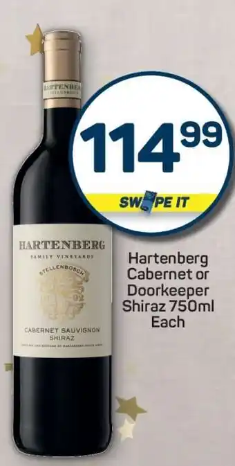 Hartenberg Cabernet or Doorkeeper Shiraz 750ml