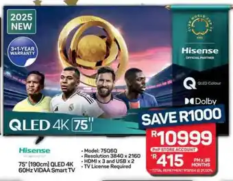 Pick n Pay Hypermarket Hisense QLED 4K 75'' TV offer