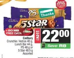 Spar Cadbury Crunchie / Astros 40 g, Lunch Bar 44 g, PS 48 g or 5 Star 48.5 g Assorted offer