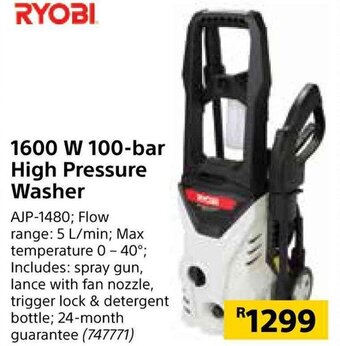 Builders Warehouse Ryobi 1600W 100-bar High Pressure Washer offer