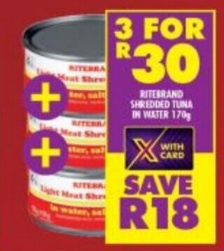 Shoprite Ritebrand Shredded Tuna in Water 3x170g offer