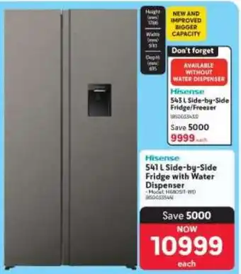 Makro Hisense 541 L Side-by-Side Fridge with Water Dispenser offer