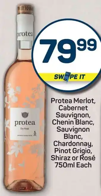 Pick n Pay Protea Merlot, Cabernet Sauvignon, Chenin Blanc, Sauvignon Blanc, Chardonnay, Pinot Grigio, Shiraz or Rosé offer