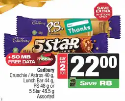 Spar Savemor Cadbury Crunchie/ Astros, Lunch Bar, PS or 5 Star Assorted offer