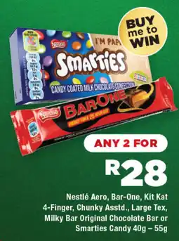 OK Foods Nestlé Aero, Bar-One, Kit Kat 4-Finger, Chunky Asstd., Large Tex, Milky Bar Original Chocolate Bar or Smarties Candy offer