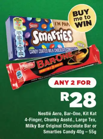 Nestlé Aero, Bar-One, Kit Kat 4-Finger, Chunky Asstd., Large Tex, Milky Bar Original Chocolate Bar or Smarties Candy