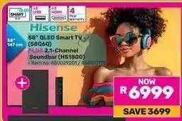 Game Hisense 58 QLED Smart TV (58Q60) PLUS 2.1-Channel Soundbar (HS1800) offer