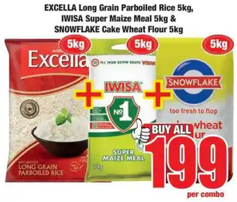 Boxer EXCELLA Long Grain Parboiled Rice 5kg, IWISA Super Maize Meal 5kg & SNOWFLAKE Cake Wheat Flour 5kg offer