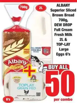Boxer ALBANY Superior Sliced Brown Bread 700g, DEW DROP Full Cream Fresh Milk 2L & TOP-LAY Large Eggs 6's offer