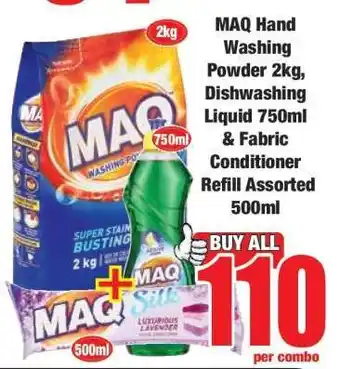 Boxer MAQ Hand Washing Powder 2kg, Dishwashing Liquid 750ml & Fabric Conditioner Refill Assorted 500ml offer