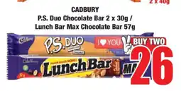 Boxer CADBURY P.S. Duo Chocolate Bar 2 x 30g / Lunch Bar Max Chocolate Bar 57g offer