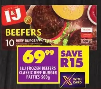 Shoprite I&J frozen beefers classic beef burger patties offer