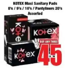 Boxer KOTEX Maxi Sanitary Pads/ Pantyliners Assorted offer
