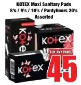 Boxer KOTEX Maxi Sanitary Pads/ Pantyliners Assorted offer