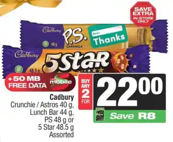 KwikSpar Cadbury Crunchie/ Astros, Lunch Bar, PS or 5 Star Assorted offer