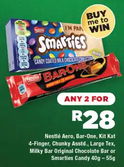 OK Liquor Nestlé Aero, Bar-One, Kit Kat 4-Finger, Chunky Asstd., Large Tex, Milky Bar Original Chocolate Bar or Smarties Candy offer
