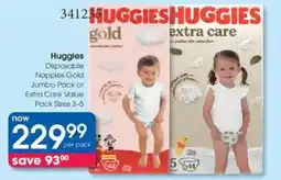 Clicks Huggies Disposable Nappies Gold Jumbo Pack or Extra Care Value Pack offer
