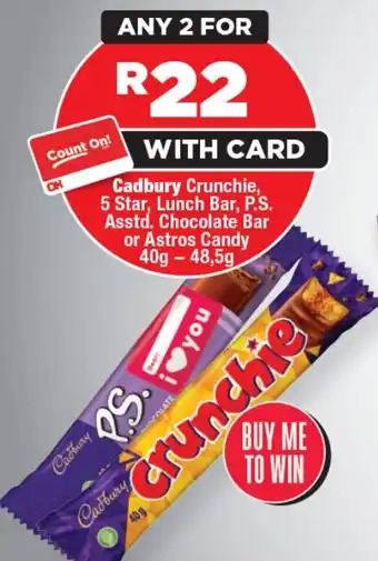 OK Foods Cadbury Crunchie, 5 Star, Lunch Bar, P.S. Asstd. Chocolate Bar or Astros Candy offer