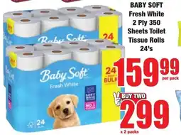 Boxer Superstores BABY SOFT Fresh White 2 Ply 350 Sheets Toilet Tissue Rolls offer