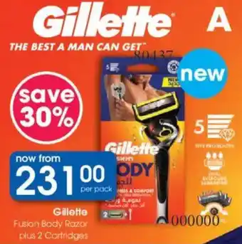 Clicks Gillette Fusion Body Razor plus 2 Cartridges offer