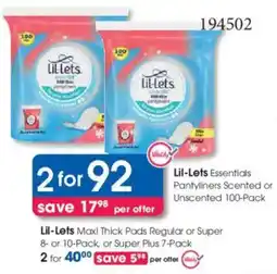 Clicks Lil-Lets Essentials Pantyliners Scented or Unscented offer